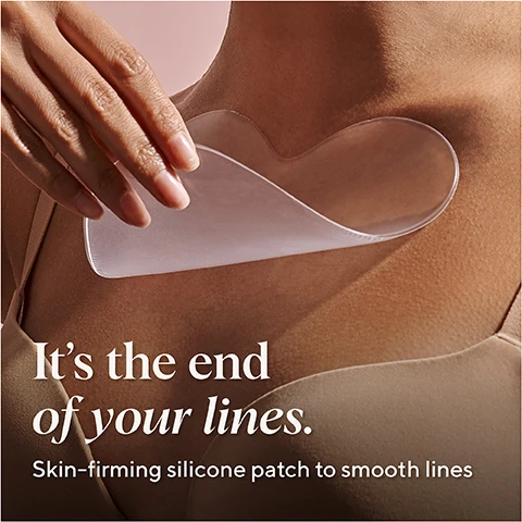 Image 1 - A hand applies a clear, heart-shaped silicone patch to a persons décolletage, with text that reads Its the end of your lines. Skin-firming silicone patch to smooth lines. Image 2 - A split image shows a close-up of a persons skin, with the left panel displaying skin with more visible wrinkles and redness labeled AT BEDTIME, and the right panel showing the same skin area looking smoother with reduced redness labeled MORNING RESULTS, along with text at the bottom that reads Results after first use Linda 74 years old. Image 3 - A before and after comparison showing a persons neck and chest area, with the left image displaying more pronounced wrinkles and lines, and the right image showing significantly smoother skin, with visible text At Bedtime, Morning Results, Results after first use, Patricia, 55 years old. Image 4 - A persons chest shows a heart-shaped silicone patch with the word NAYDAYA, alongside a diagram explaining the SILICONE CHEST WRINKLE SHIELD by illustrating RESTORING MICROCLIMATE and MOISTURE through OCCLUSION SKINCARE TECHNOLOGY. Image 5 - A hand peels a clear, flexible silicone patch off a rose gold background, with text bubbles listing product features: Reuse up to 15 times, 100% medical-grade silicone, Suitable for sensitive skin, Dermatologically approved, and a circular badge that says OCCLUSION SKINCARE TECHNOLOGY.