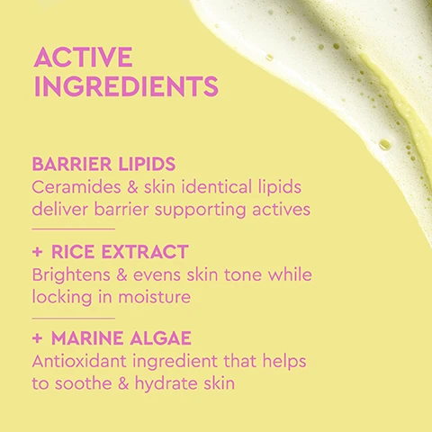 Image 1 - A light yellow background with white foamy liquid in the top right corner lists product benefits: ACTIVE INGREDIENTS, BARRIER LIPIDS Ceramides & skin identical lipids deliver barrier supporting actives, + RICE EXTRACT Brightens & evens skin tone while locking in moisture, + MARINE ALGAE Antioxidant ingredient that helps to soothe & hydrate skin. Image 2 - A yellow Byoma Foaming Rice Deep Cleanser bottle with its cap off is displayed on a yellow background, surrounded by text listing its key benefits: KEY BENEFITS, DELIVERS DEEP YET GENTLE CLEANSE, TRANSFORMS FROM LIGHT GEL TO CREAMY WHIPPED FOAM, PROTECTS & MAINTAINS SKIN BARRIER, REMOVES MAKEUP, SPF & IMPURITIES WITHOUT STRIPPING SKIN, LEAVES SKIN SOFT, SMOOTH & HYDRATED, and on the bottle: BYOMA, FOAMING RICE DEEP CLEANSER, Niacinamide Tri-Ceramide Complex Rice Extract Marine Algae, BOOSTED BARRIER. BETTER SKIN., 175ml / 5.9 fl.oz. Image 3 - The image shows white foam with bubbles on a light yellow background on the right, and purple text on the left that reads CLINICALLY PROVEN TO + Reduce skin texture + Reduce bacteria in the pores + Remove all makeup + Reduce redness + Reduce skin sensitivity + Increase skins radiance + improve sensitivity. Image 4 - A light yellow BYOMA Foaming Rice Deep Cleanser bottle is shown on a yellow background next to a skincare routine guide, featuring the text: STEP ROUTINE AM&PM, STEP 1 CLEANSE FOAMING RICE DEEP CLEANSER, STEP 2 TONE/MIST, STEP 3 TREAT, STEP 4 MOISTURIZE, STEP 5 PROTECT; the bottle itself displays BYOMA, FOAMING RICE DEEP CLEANSER, Barrier Lipids, Rice Extract, Marine Algae, BOOSTED BARRIER. BETTER SKIN., 175ml / 5.91 fl oz, and a narrow panel on its right side listing BOOST YOUR BARRIER, CLEANSE, TONE/MIST, TREAT, MOISTURIZE, PROTECT. Image 5 - A persons face is covered in white cleansing foam as they gently wash their cheeks, next to icons and text reading Dermatologist Approved, Vegan Friendly, Fragrance Free, Supports Skin Barrier.