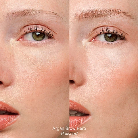 Image 1 - A split image shows a womans face from the nose up to the eyebrow, comparing a natural look on the left with a more polished look on the right featuring enhanced brows and lashes, with the text Argan Brow Hero Polished. Image 2 - A close-up split image of a persons face showing a natural, less defined eyebrow on the left and a darker, more polished and defined eyebrow on the right, with the text Argan Brow Hero Polished at the bottom. Image 3 - A brown Ere Perez brow product bottle and brush wand rest on a yellow liquid background with bubbles, alongside text that reads HERO INGREDIENTS ARGAN BROW HERO argan kernel oil Conditions as it styles & helps promote hair growth. castor seed oil Treats dry skin & hair & fights free radicals. bamboo stem powder Instantly volumises sparse brows. Image 4 - The image shows a brown argan brow hero product tube with some spilled gel, resting on a light textured background with droplets, a white circular Clean Beauty Benchmark ep logo is in the top left, and text on the right reads Brows, Perfected, * volumising, tinted gel, * promotes hair growth, * plant fibres boost fullness, * nourishing natural formula.