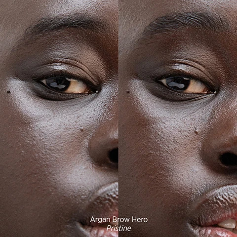 Image 1 - A split image shows a close-up of a persons dark-skinned face, comparing their left eye and eyebrow before and after an eyebrow grooming product application, with the text Argan Brow Hero Pristine. Image 2 - A dark brown bottle with the label Ere Perez and a mascara wand with a brown brush are depicted on a golden, bubbly background, accompanied by text that reads HERO INGREDIENTS ARGAN BROW HERO argan kernel oil Conditions as it styles & helps promote hair growth. castor seed oil Treats dry skin & hair & fights free radicals. bamboo stem powder Instantly volumises sparse brows. Image 3 - A brown brow gel tube with a white base lies on a light surface with spilled liquid, featuring text argan brow hero, a circular logo that reads CLEAN BEAUTY BENCHMARK ep, and product benefits that state BROWS, PERFECTED. *volumising tinted gel *promotes hair growth *plant fibres boost fullness *nourishing natural formula. Image 4 - Three diagonal swatches of a brown glittery cosmetic product are shown on a white background, labeled from top to bottom polished, perfect, and pristine.
