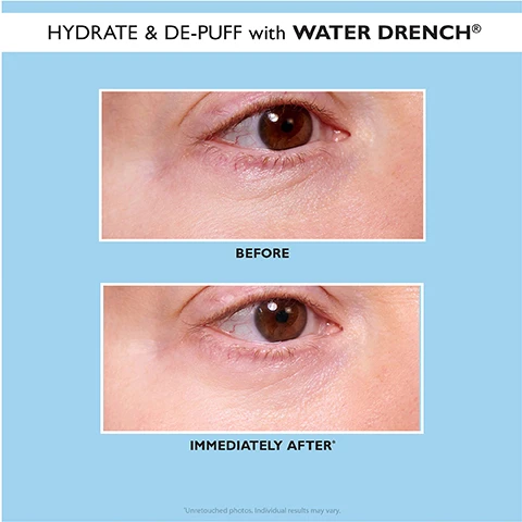 Image 1 - A two-panel comparison image of a persons brown eye on a light blue background shows visible puffiness and redness under the eye in the top panel, labeled BEFORE, and reduced puffiness and redness in the bottom panel, labeled IMMEDIATELY AFTER, with the text HYDRATE & DE-PUFF with WATER DRENCH® and *Unretouched photos. Individual results may vary. Image 2 - The image shows two illustrations of a womans face demonstrating different applications of eye patches: one with patches directly under the eyes and another with patches on the outer corners of the eyes. The text reads: CAN BE APPLIED TWO WAYS, Target Under-Eye Puffiness & Wrinkles, and Target Crows Feet.