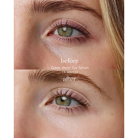 Image 1 - A before and after comparison of an eye, with the top half showing the eye area before treatment with some discoloration and the bottom half showing the eye after 4 weeks, looking brighter and smoother, with text that reads before Grape Water Eye Serum (4 weeks) after. Image 2 - A split image shows a close-up of a persons eye, with the top half showing the eye before treatment with visible fine lines and the text before Grape Water Eye Serum, and the bottom half showing the same eye after 4 weeks of treatment with smoother skin and the text (4 weeks) after. Image 3 - The image features two white rollerball bottles on a light green background, one with a green jade applicator and another labeled Ere Perez grape water eye serum, accompanied by text detailing Natural Jade Roller, Reduces Puffiness, Delicately Massages, Enhance Circulation, Stimulates Lymphatic Flow, Cools + Soothes, Help Calm Irritation. Image 4 - A white liquid with bubbles is splashed across a light background, featuring text that reads Hero Ingredients, Grape Water Eye Serum, grape extract, Antioxidant-rich, combatting free radicals & water retention, hyaluronic acid, Improves skin health & elasticity, peptides, Helps soften wrinkles & boost collagen, and liquorice root (glycyrrhetinic acid), Gently brightens & reduces inflammation.