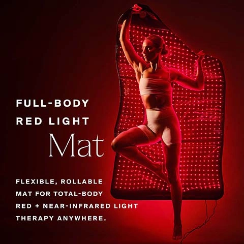 Image 2 - A woman in light activewear poses with a flexible full-body red light therapy mat, which is illuminated with many small red lights. The image also contains the text: FULL-BODY RED LIGHT Mat FLEXIBLE, ROLLABLE MAT FOR TOTAL-BODY RED + NEAR-INFRARED LIGHT THERAPY ANYWHERE. Image 3 - A woman in light underwear stands in front of a large panel of red lights with her arms raised, with the text WHY YOULL love IT, BOOSTS COLLAGEN + GLOW, RELIEVES MUSCLE + JOINT TENSION, ENHANCES MOOD + ENERGY, PROMOTES RESTFUL SLEEP. Image 6 - A man sits on a red light therapy mat glowing with numerous LED lights, accompanied by text that reads: THE Tech, 1000 LED LIGHTS, WAVELENGTHS: 660NM (RED) 850NM (NIR), 20-60 MINUTE SESSIONS, 90 MW/CM² IRRADIANCE, 40HZ NIR PULSING FOR RECOVERY & PAIN RELIEF, ZERO EMF. Image 7 - A shirtless man sits on a black mat while holding a glowing red light therapy mat, with text that reads Layer with the PEMF Mat for the Ultimate Recovery Stack.