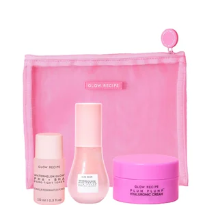 Glow Recipe Bestsellers Travel Trio: Watermelon Toner, Dew Drops and Plum Cream in Pink Mesh Pouch - undefined undefined