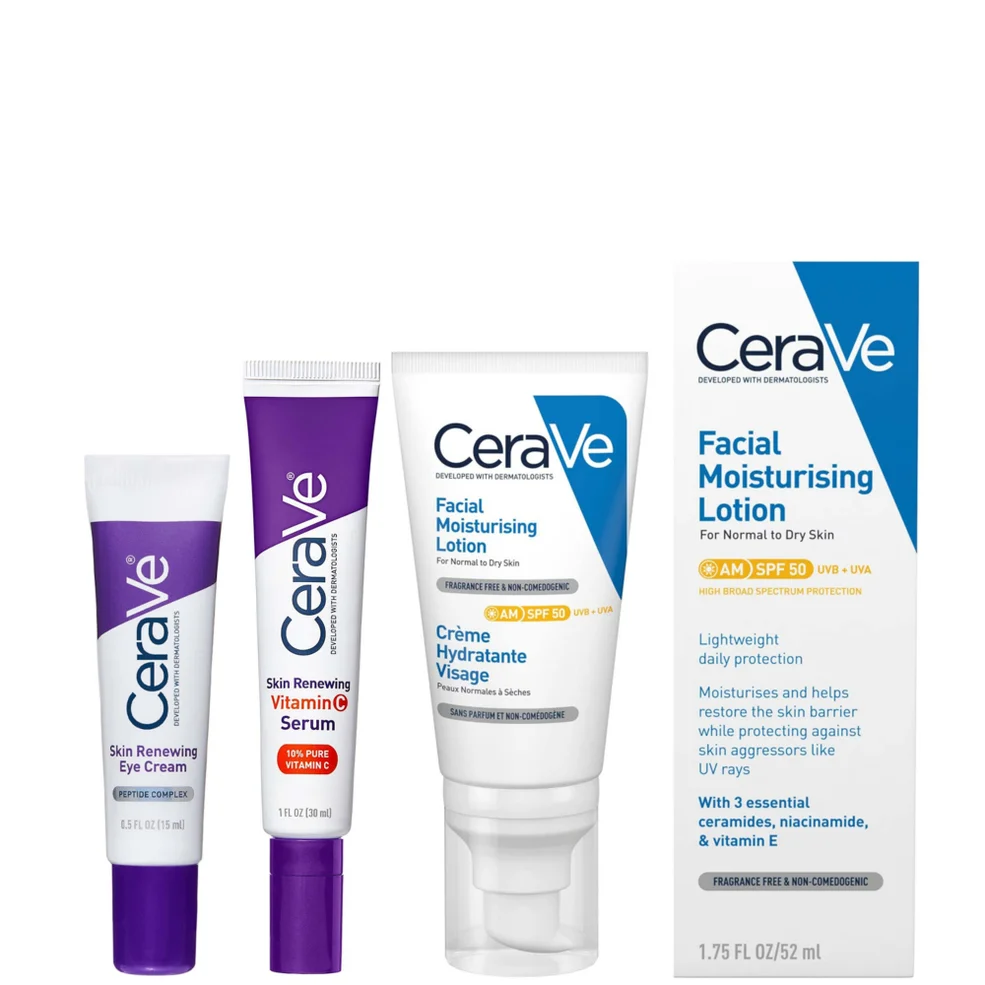 CeraVe Daily Care Routine for First Signs of Ageing, Eye Cream, Vitamin C Serum and Moisturiser with SPF50 Image 1