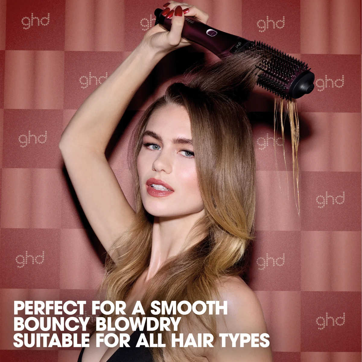 ghd Duet Blowdry in Cherry with Volume Forever and dressing brush