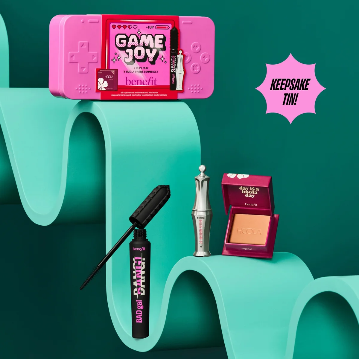benefit GameJoy Mascara, Brow and Bronzer 3-piece Makeup Gift Set, with Limited Edition Keepsake Tin